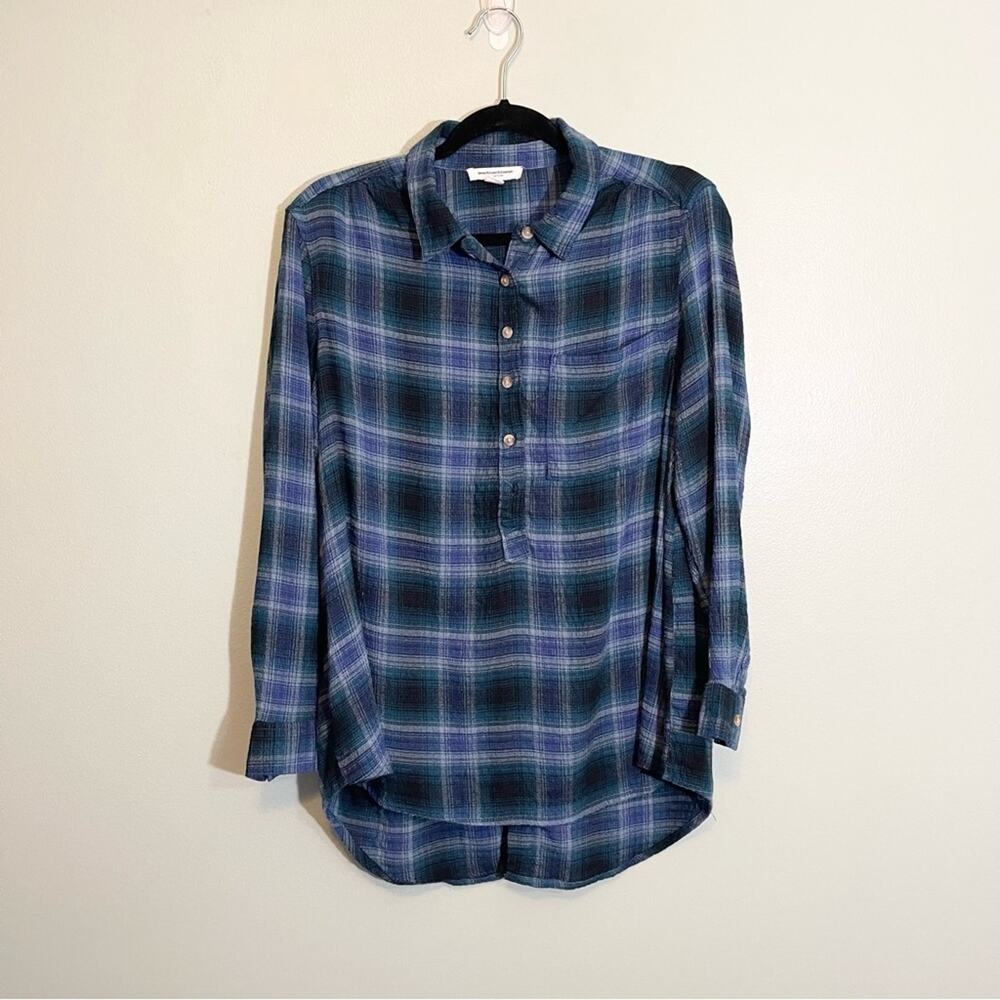 BeachLunchLounge Women's Blue Plaid 3/4 Button Down‎ Size Large